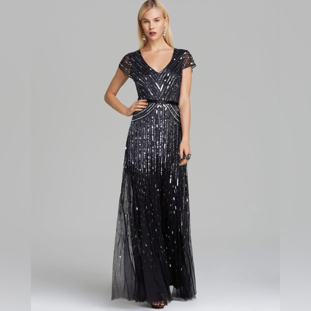 Adrianna Papell Black and Silver Sequin Formal Gown